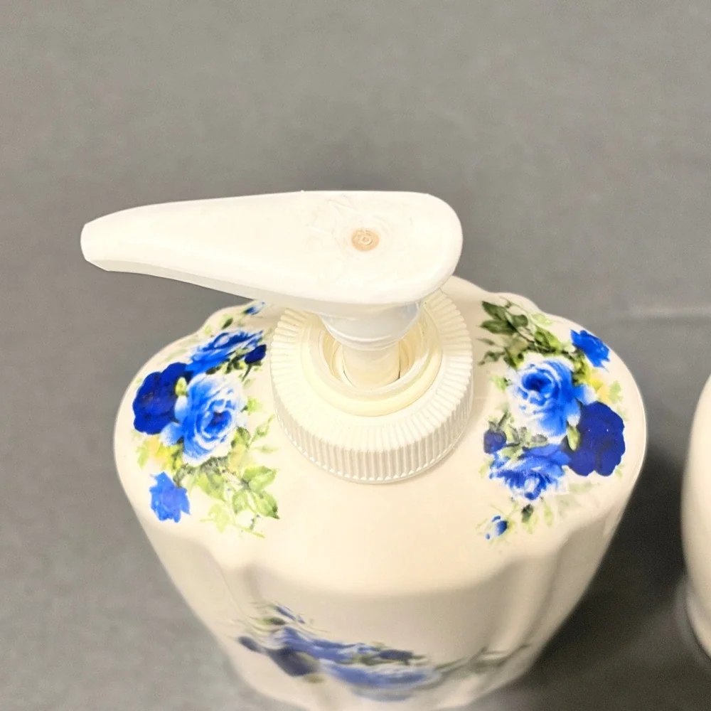 Crown Heritage Blue Rose Ceramic Soap Dispenser & Toothbrush Holder Set England
